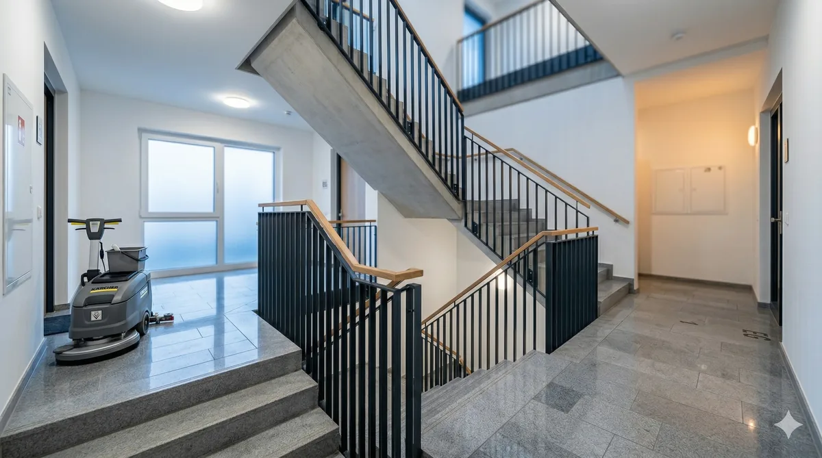 Reinigung – Sauberes Treppenhaus mit professioneller Reinigungsmaschine